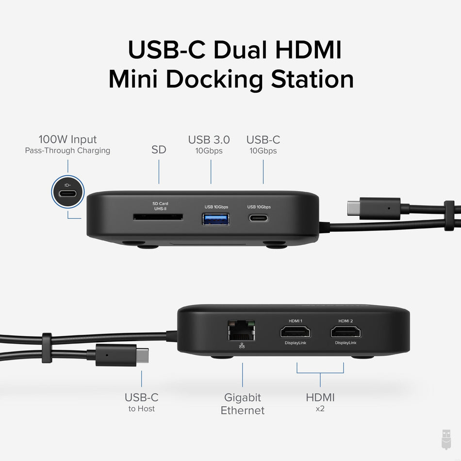 Plugable Technologies 7-in-1 USB C Docking Station Dual Monitor - Dual HDMI Dock is Compatible with Mac and Windows, USB4, Thunderbolt or USB-C, 100W PD, 2x HDMI, 1x USB-C, 1Gbps Ethernet, 1x USB 3.0, 1x SD Card