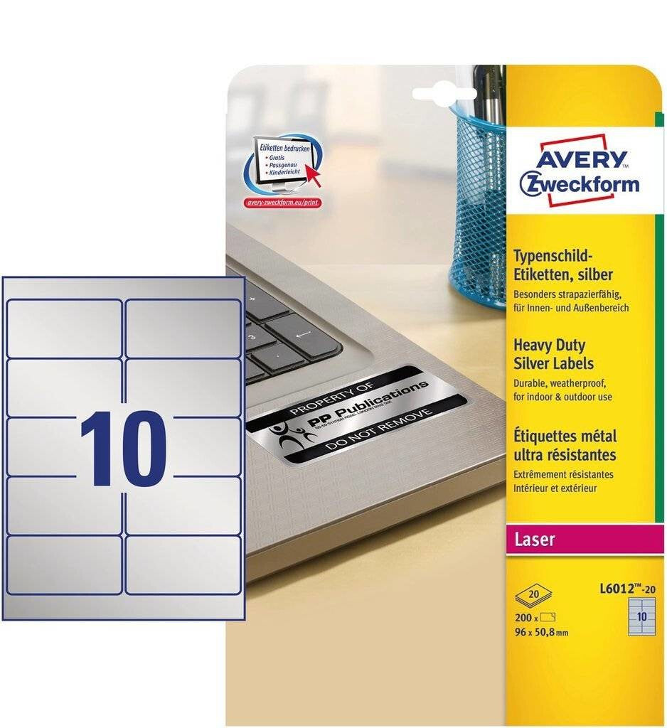 Avery L6012-20 self-adhesive label Rounded rectangle Permanent Silver 200 pc(s)