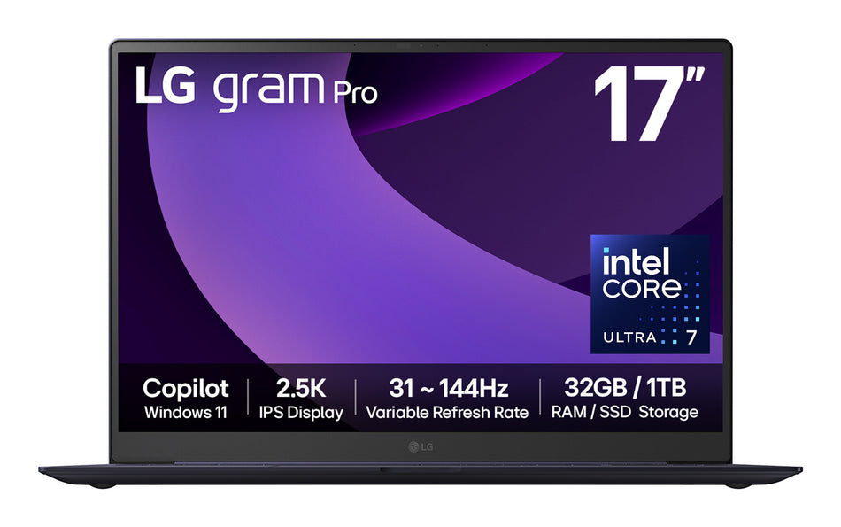LG Gram Pro 17Z90TP-G Intel Core Ultra 7 225H Laptop 43.2 cm (17") 2.5K 32 GB LPDDR5x-SDRAM 1 TB SSD Wi-Fi 7 (802.11be) Windows 11 Home Black