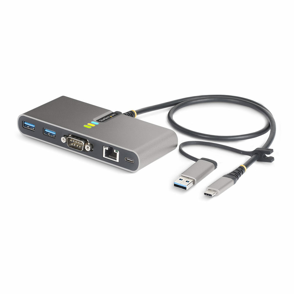 StarTech.com 2-Port USB-C Hub with Ethernet and RS-232, Attached USB-C to USB-A Dongle, 100W PD Pass-Through, 2x USB-A 5Gbps, Gigabit Ethernet, RS232 Serial (FTDI)