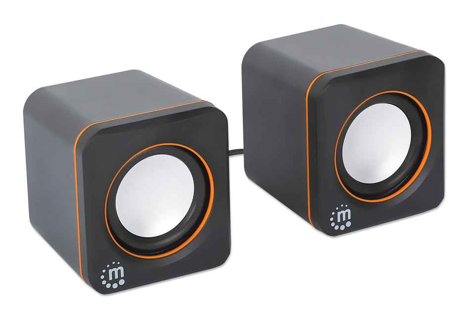 Manhattan 2600 Series Speaker System, Two Speakers, Black/Orange, USB for Stereo Audio and Power, Output: 2x 3W, Decent Sound, Integrated rotary volume control, USB-C/USB-A Adapter, Cable 1.4m