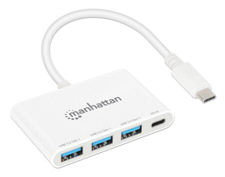 Manhattan USB-C Dock/Hub, Ports (4): USB-A (x3) and USB-C, 5 Gbps (USB 3.2 Gen1 aka USB 3.0), With Power Delivery (100W) to USB-C Port (Note additional USB-C wall charger and USB-C cable needed), SuperSpeed USB, White, PD, Three Year Warranty, Retail Box