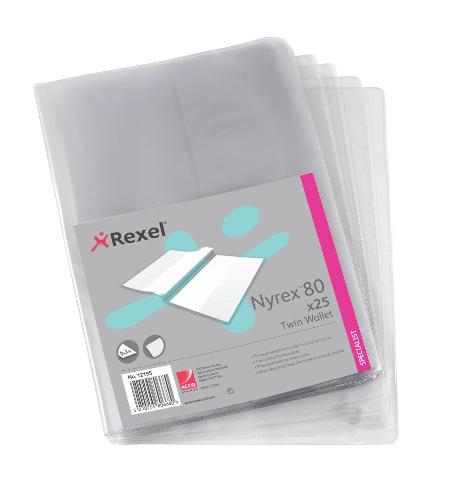 Rexel Nyrex™ Twin Wallets A4 Size Clear (25)
