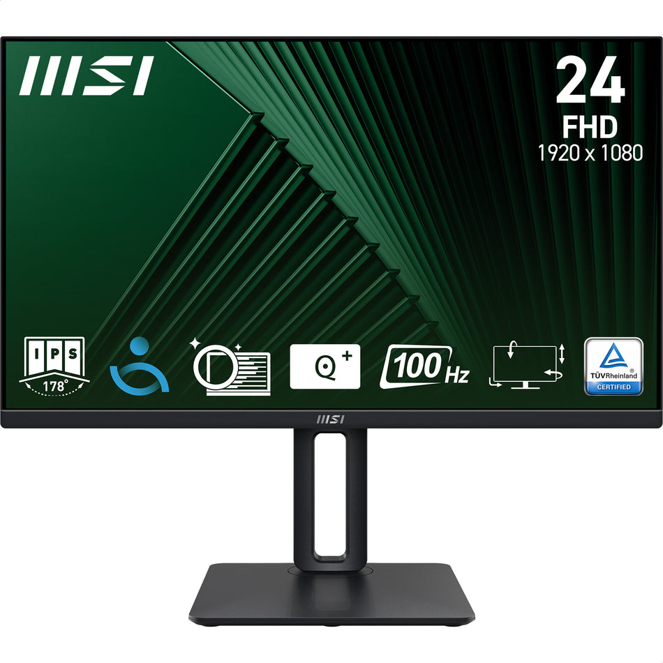 MSI Pro MP245PG 24 Inch Monitor, FHD (1920 x 1080), 100Hz, IPS, 1ms, 1x HDMI 1.4b, 1x DP 1.2a output, 1x D-Sub(VGA), Built-in Speakers, Anti-Glare, Anti-Flicker, Less Blue light, TÜV Certified, VESA, Kensington, 4-way adjustable stand, Black