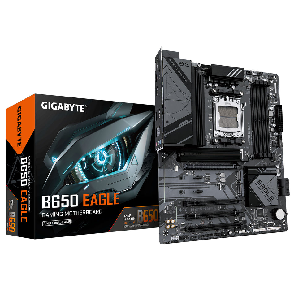 GIGABYTE B650 EAGLE Motherboard - AMD Ryzen 9000 Series CPUs, 12+2+2 Phases VRM, up to 7600MHz DDR5 (OC), 1xPCIe 5.0 + 2xPCIe 4.0 M.2, GbE LAN, USB 3.2 Gen 2