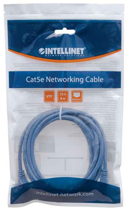 Intellinet Network Patch Cable, Cat5e, 3m, Blue, CCA, U/UTP, PVC, RJ45, Gold Plated Contacts, Snagless, Booted, Lifetime Warranty, Polybag