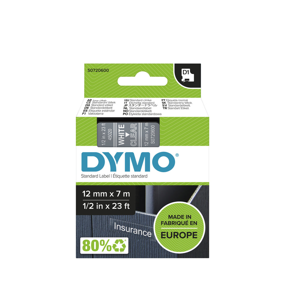 DYMO D1 Standard - White on Transparent - 12mm