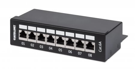 Intellinet Patch Panel, Cat6a, FTP, 8-Port, Desktop, Shielded, 90° Top-Entry Punch Down Blocks, Black