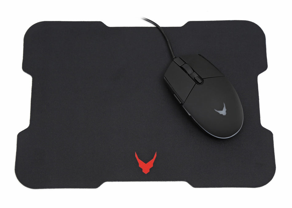 Varr Gaming Mouse and Mousepad/Mat Set, Gaming Mouse: Wired USB Mouse (Black/Red), Adjustable DPI (800, 1600, 2400 or 3200dpi), 6 Button with Scroll Wheel, Popular USB-A connection, Optical, LED Red backlight, Mousepad/Mat: Size 295x210x2mm