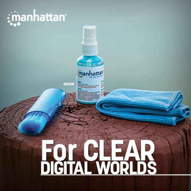 Manhattan LCD Cleaning Kit (mini), Alcohol-free, Includes Cleaning Solution (60ml), Brush and Microfibre Cloth, Ideal for use on monitors/laptops/keyboards/etc, Three Year Warranty, Blister