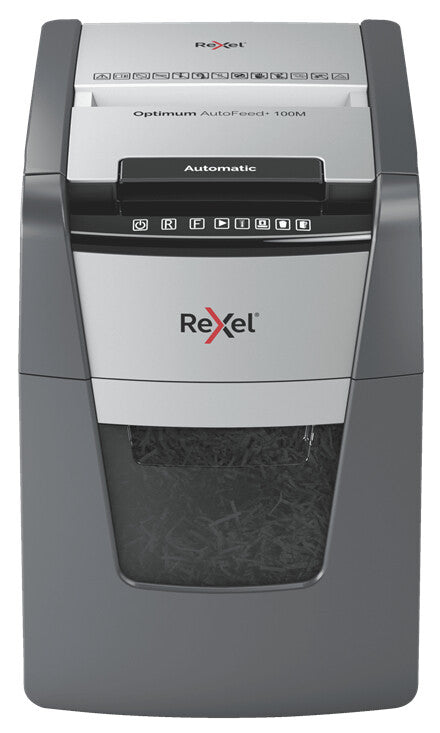 Rexel Optimum AutoFeed+ 100M paper shredder Micro-cut shredding 55 dB 22 cm Black, Silver