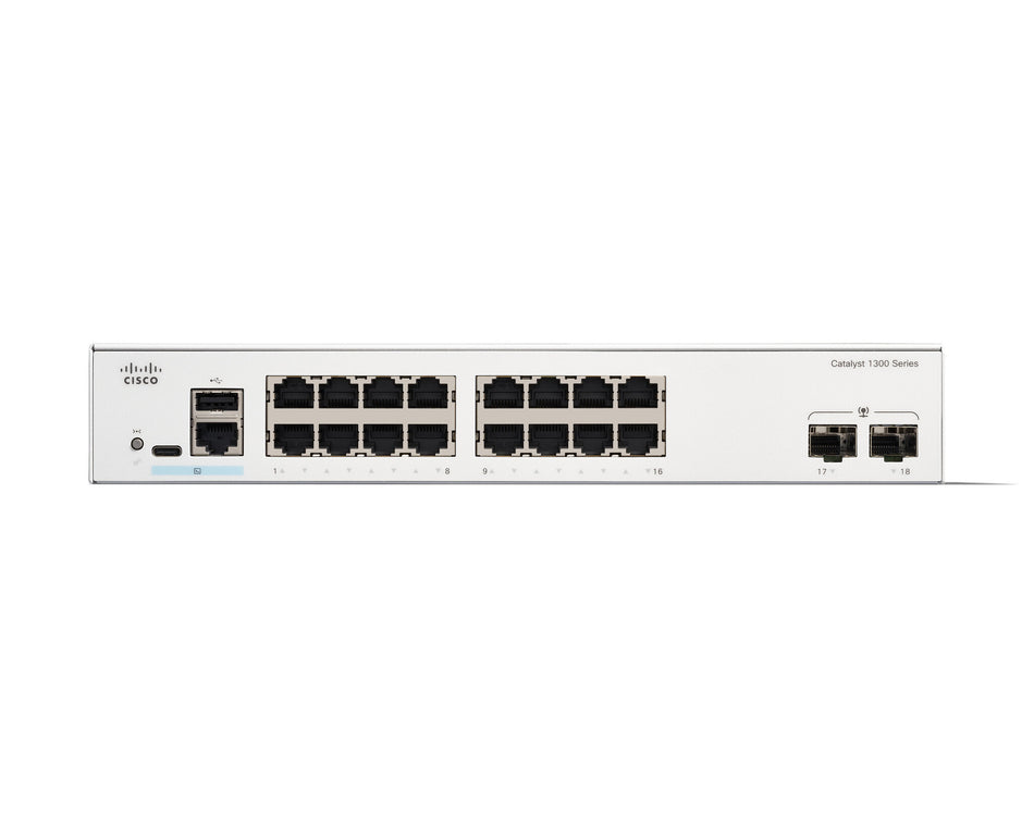 Cisco Catalyst 1300-16T-2G Managed Switch, 16 Port GE, 2x1GE SFP, Limited Lifetime Protection (C1300-16T-2G)