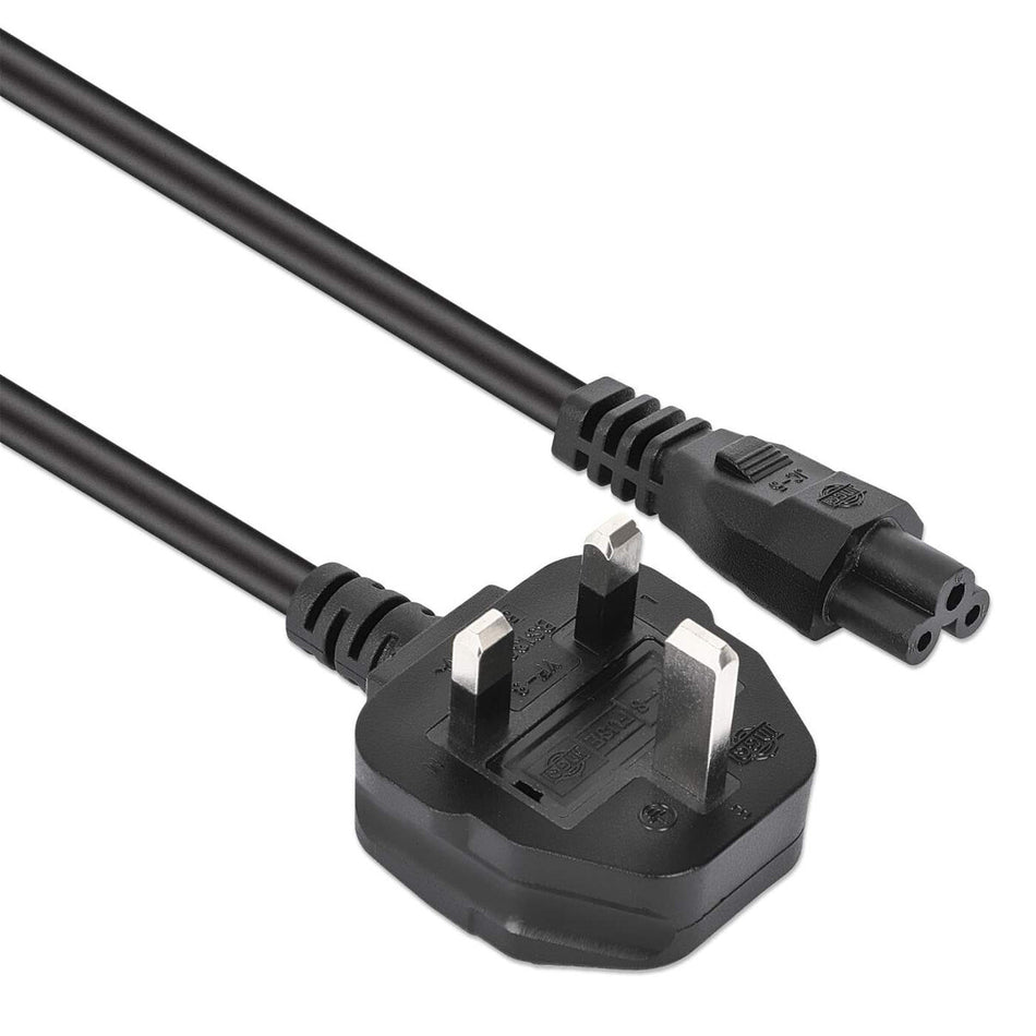 Manhattan Power Cord/Cable, UK 3-pin plug to C5 Female (cloverleaf/triangular), 1.8m, 16A, Lead, Lifetime Warranty