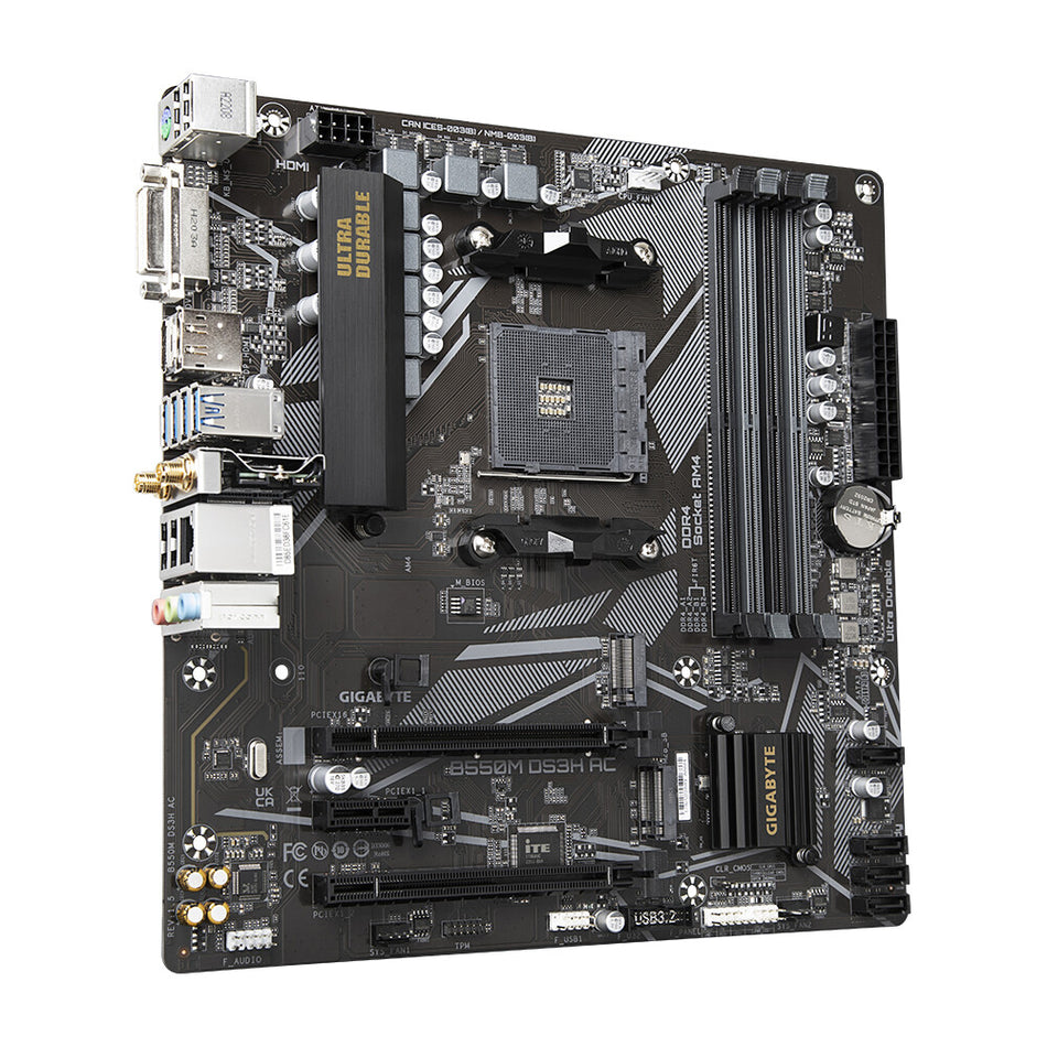 GIGABYTE B550M DS3H AC Motherboard - AMD Ryzen 5000 CPUs, 5+3 Phases VRM, up to 4733MHz DDR4, 1xPCIe 4.0 + 1xPCIe 3.0 M.2, Wi-Fi 5, 1GbE LAN, USB 3.2 Gen 1