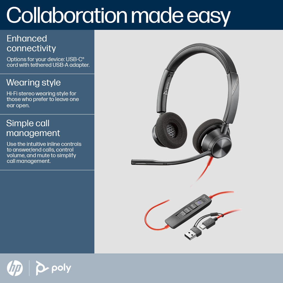 POLY Blackwire 3320 Stereo Microsoft Teams Certified USB-C Headset +USB-C/A Adapter