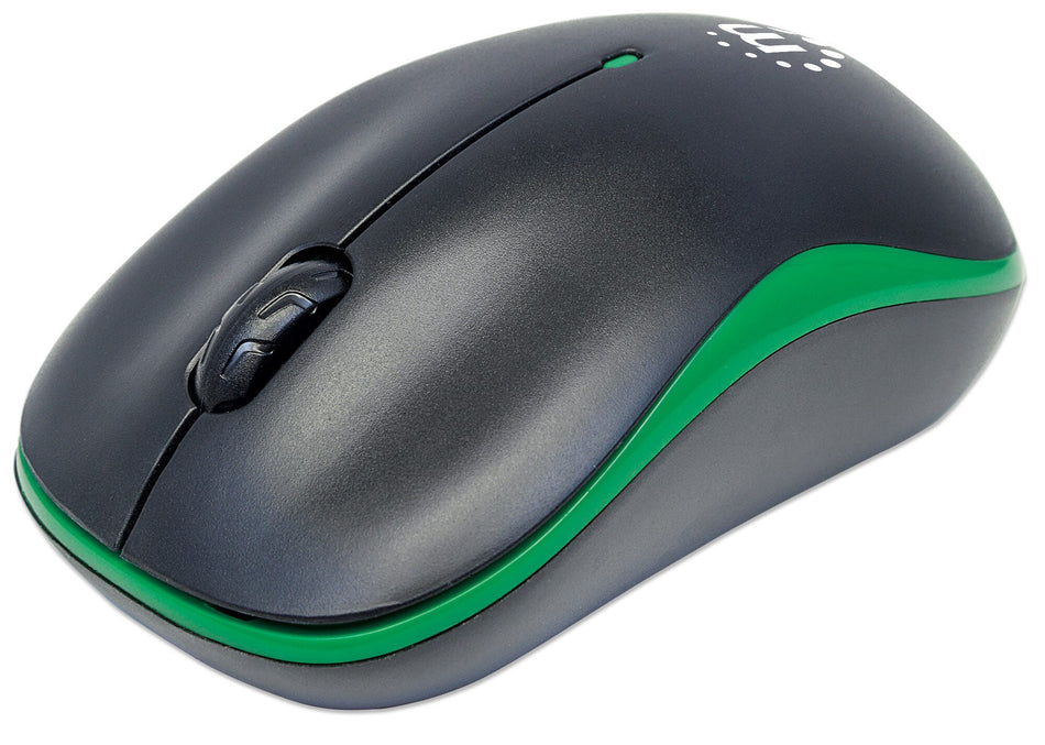 Manhattan Success Wireless Mouse, Black/Green, 1000dpi, 2.4Ghz (up to 10m), USB, Optical, Three Button with Scroll Wheel, USB micro receiver, AA battery (included), Low friction base, Three Year Warranty, Blister