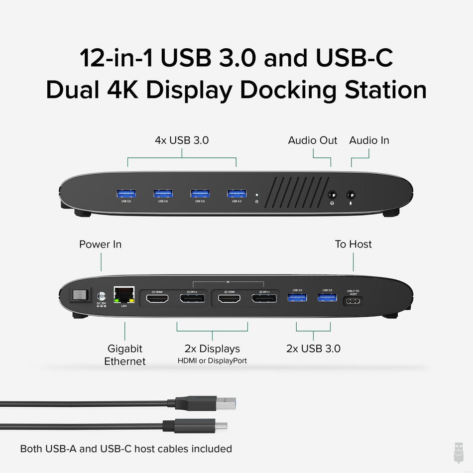 Plugable Technologies Universal Laptop Docking Station, 4K Dual Monitor, DisplayPort or HDMI, Windows Mac or ChromeOS Laptops, USB-C or USB 3.0, Adds 2 Displays, Ethernet, Audio, 6 USB Ports