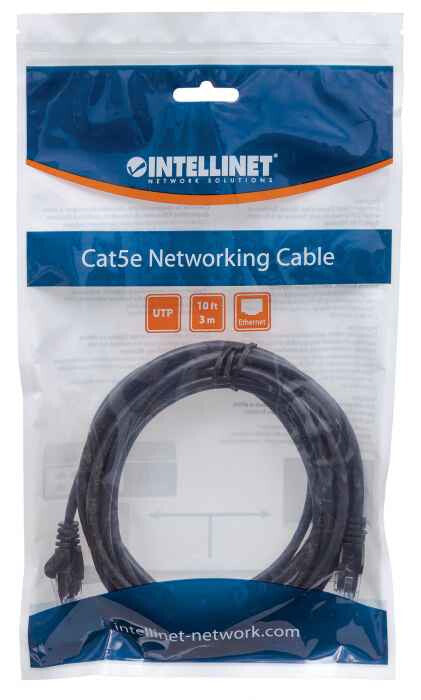 Intellinet Network Patch Cable, Cat5e, 3m, Black, CCA, U/UTP, PVC, RJ45, Gold Plated Contacts, Snagless, Booted, Lifetime Warranty, Polybag