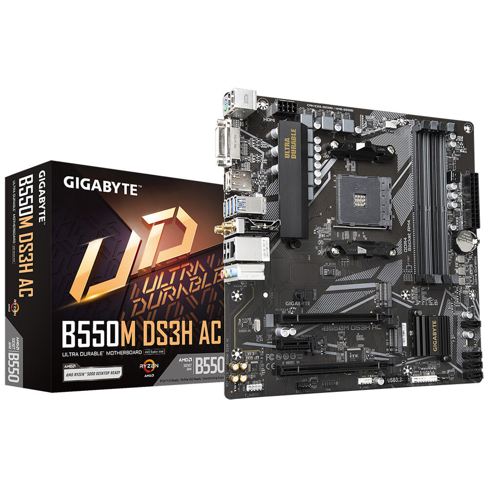 GIGABYTE B550M DS3H AC Motherboard - AMD Ryzen 5000 CPUs, 5+3 Phases VRM, up to 4733MHz DDR4, 1xPCIe 4.0 + 1xPCIe 3.0 M.2, Wi-Fi 5, 1GbE LAN, USB 3.2 Gen 1