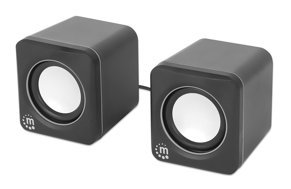 Manhattan 2600 Series Speaker System, Two Speakers, Black/Silver, USB for Stereo Audio and Power, Output: 2x 3W, Decent Sound, Integrated rotary volume control, USB-C/USB-A Adapter, Cable 1.4m