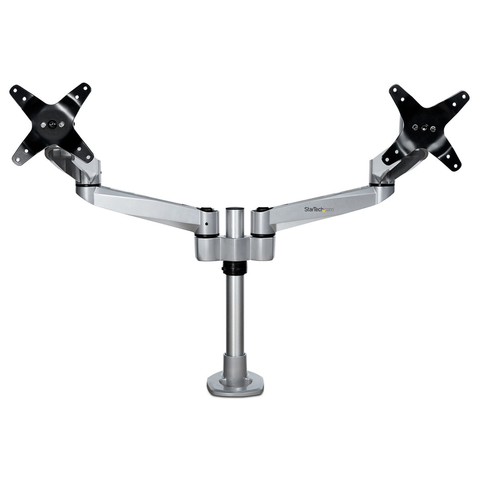 StarTech.com Desk Mount Dual Monitor Arm - Premium Articulating Monitor Arm - up to 30” VESA Mount Displays - Height Adjustable Monitor Mount - Rotate/Tilt/Swivel - Clamp/Grommet - Silver