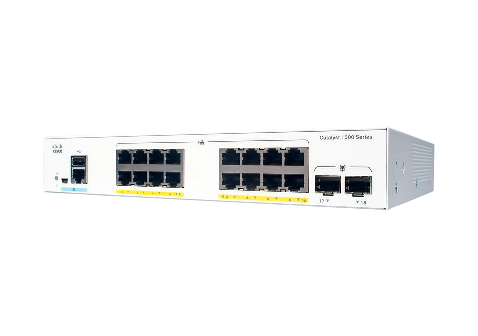 Cisco Catalyst 1000-16P-2G-L Network Switch, 16 Gigabit Ethernet (GbE) PoE+ Ports, 120W PoE Budget, two 1 G SFP Uplink Ports, Fanless Operation, Enhanced Limited Lifetime Warranty (C1000-16P-2G-L)