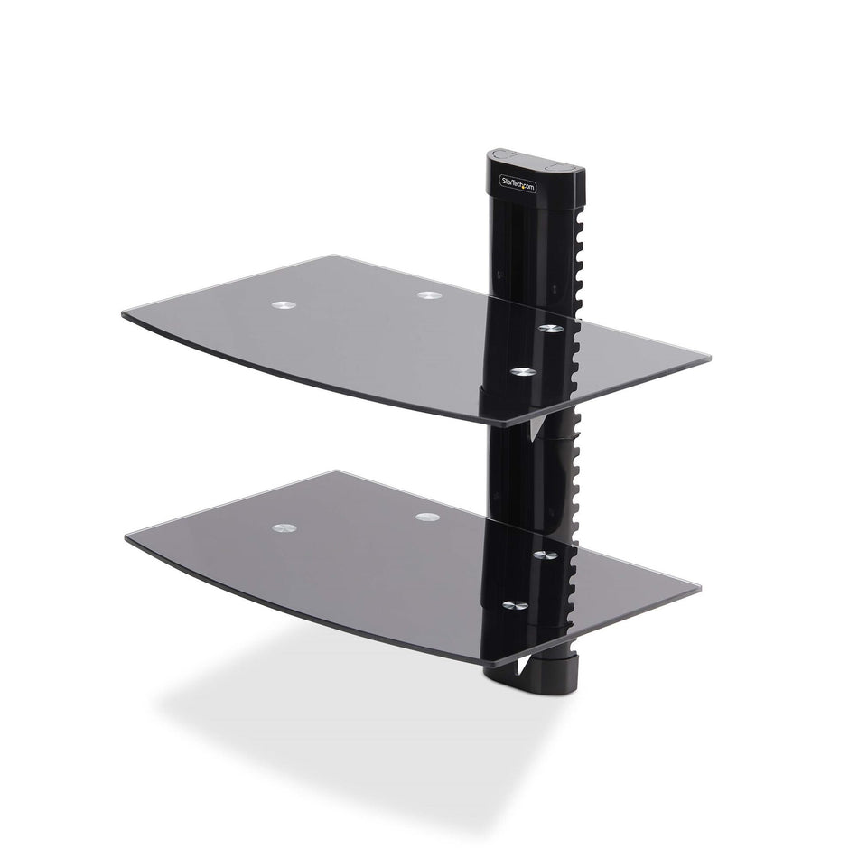 StarTech.com Dual Floating Wall-Mounted AV Shelves, Adjustable Height Shelf For Under TV, Organize A/V Equipment On Black Tempered Glass Shelves