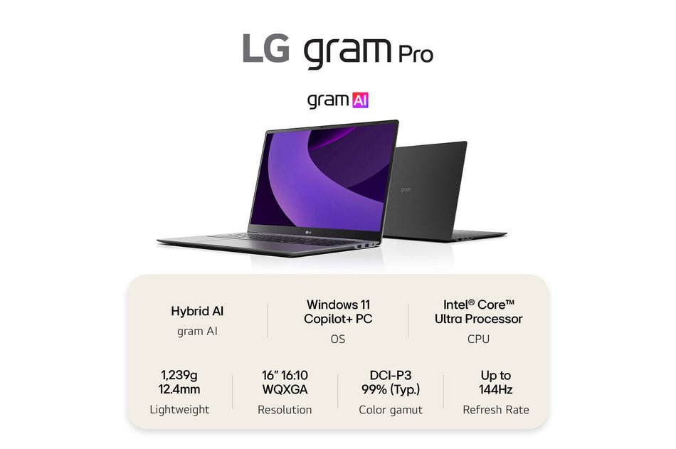 LG Gram Pro AI 16Z90TS-G.AU79A1 laptop Intel Core Ultra 7 256V 40.6 cm (16") 2.5K 16 GB LPDDR5x-SDRAM 1 TB SSD Wi-Fi 7 (802.11be) Windows 11 Home, Metal Grey