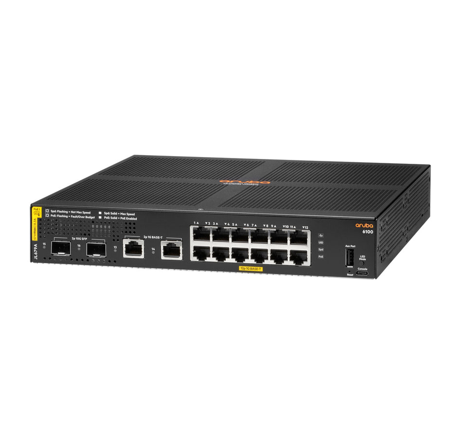 HPE Aruba Networking Aruba 6100 12G Class4 PoE 2G/2SFP+ 139W Managed L3 Gigabit Ethernet (10/100/1000) Power over Ethernet (PoE) 1U Black