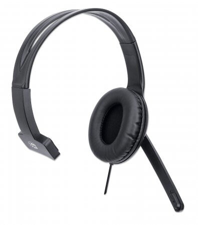 Manhattan Mono Over-Ear Headset (USB) (Clearance Pricing), Microphone Boom (padded), Polybag Packaging, Adjustable Headband, In-Line Volume Control, Ear Cushion, USB-A for both sound and mic use, cable 1.5m, Three Year Warranty