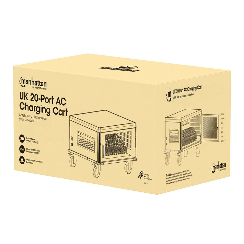Manhattan Laptop Charging Cabinet Desktop via AC Adapter (UK) x20 Bay, Install device's AC Adapter (power cables) into unit, Suitable for ALL laptops (to 15.6"), iPads, MacBooks, Chromebooks, other USB-C devices, Bays 380x30x280mm, Cart, Lockable