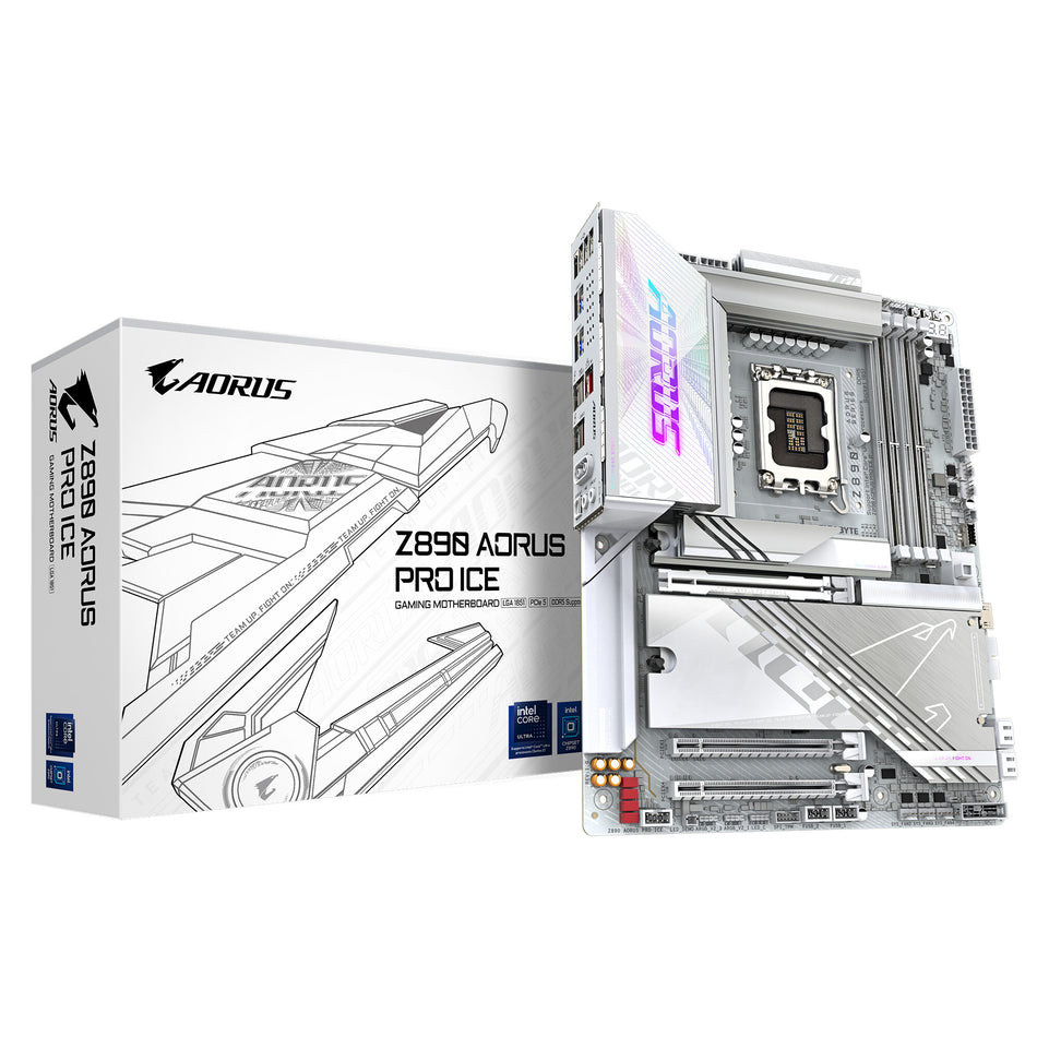 GIGABYTE Z890 AORUS PRO ICE Motherboard - Supports Intel Core Ultra (Series 2) CPUs, 16+1+2 phases VRM, up to 9500MHz DDR5 (OC), 1xPCIe 5.0 + 4xPCIe 4.0, Wi-Fi 7, 5GbE LAN, Thunderbolt 4