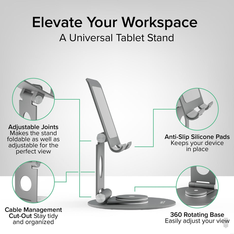 Plugable Technologies Swivel Tablet Stand Holder, 360° Rotating Base Tablet Holder for Phones and Tablets up to 12.9", Adjustable and Foldable iPad Stand for Desk, POS, Kitchen, Drawing (PT-STAND1)