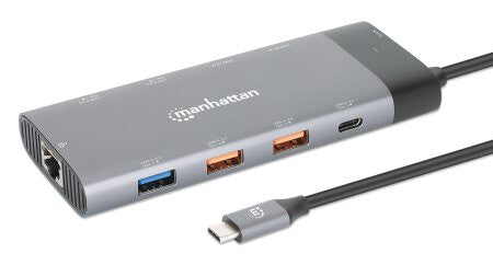 Manhattan USB-C Dock/Hub, Ports (x10): Ethernet, HDMI (x2 8k), USB-A (x5) and USB-C (x2), With Power Delivery (100W) to USB-C Port (Note additional USB-C wall charger and USB-C cable needed), USB 3.2 Gen 2, All Ports can be used at the same time, Aluminiu