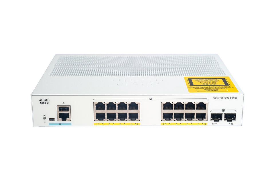 Cisco Catalyst 1000-16P-2G-L Network Switch, 16 Gigabit Ethernet (GbE) PoE+ Ports, 120W PoE Budget, two 1 G SFP Uplink Ports, Fanless Operation, Enhanced Limited Lifetime Warranty (C1000-16P-2G-L)