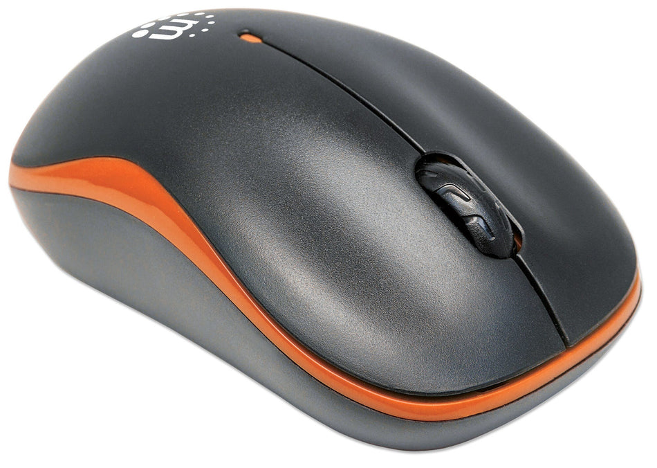 Manhattan Success Wireless Mouse, Black/Orange, 1000dpi, 2.4Ghz (up to 10m), USB, Optical, Three Button with Scroll Wheel, USB micro receiver, AA battery (included), Low friction base, Three Year Warranty, Blister