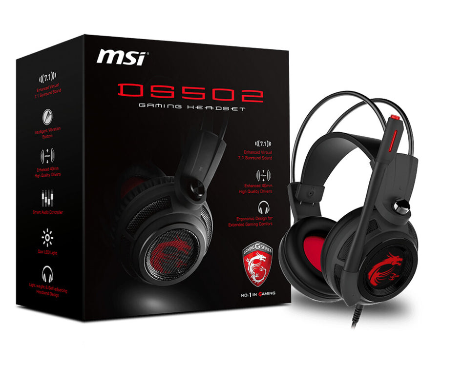 MSI DS502 7.1 Virtual Surround Sound Gaming Headset 'Black with Ambient Dragon Logo, Wired USB connector, 40mm Drivers, inline Smart Audio Controller, Ergonomic Design'