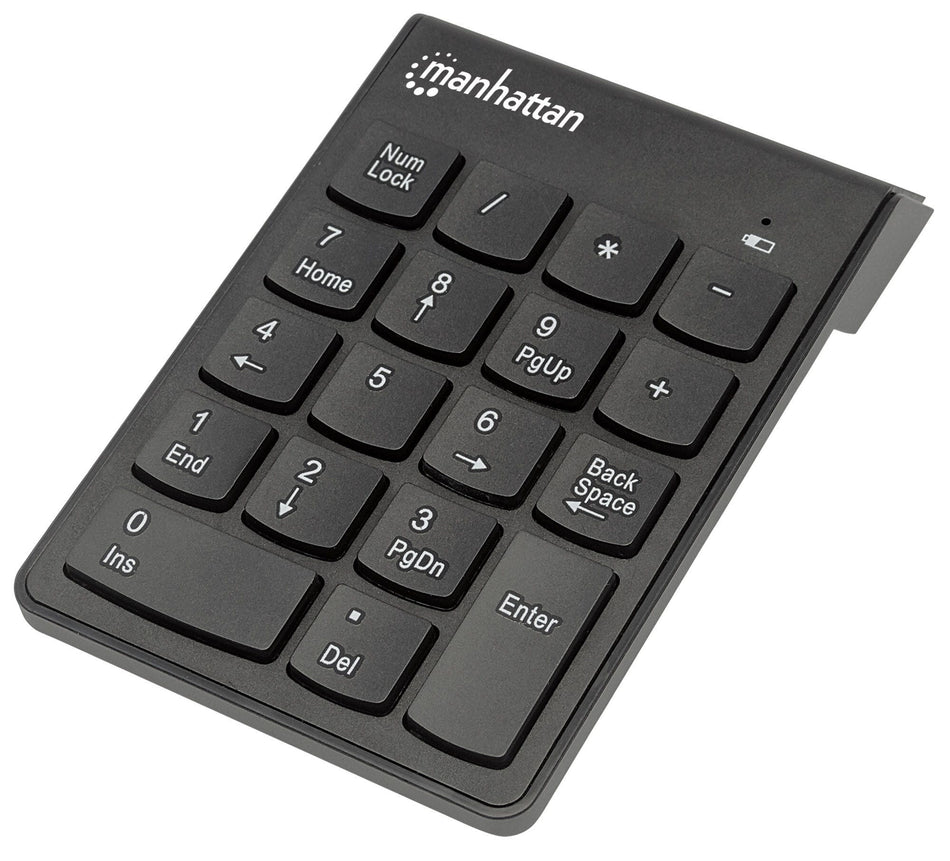 Manhattan Numeric Keypad, Wireless (2.4GHz), USB-A Micro Receiver, 18 Full Size Keys, Black, Membrane Key Switches, Auto Power Management, Range 10m, AAA Battery (included), Windows and Mac, Three Year Warranty, Blister