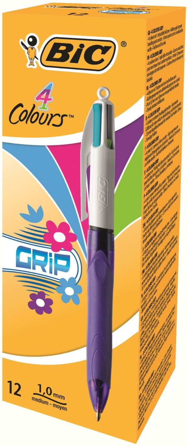 BIC 4 Colours Grip Blue, Green, Pink, Purple Clip-on retractable ballpoint pen Medium 12 pc(s)