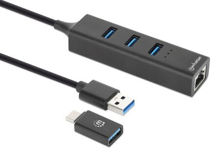 Manhattan USB-C & USB-A Combo Dock/Hub, Ports (4): Ethernet and USB-A (x3), 5 Gbps (USB 3.2 Gen1 aka USB 3.0), External Power Supply Not Needed, USB-A Male with Attachable USB-C Male Adapter, SuperSpeed USB, Black, Three Year Warranty, Retail Box