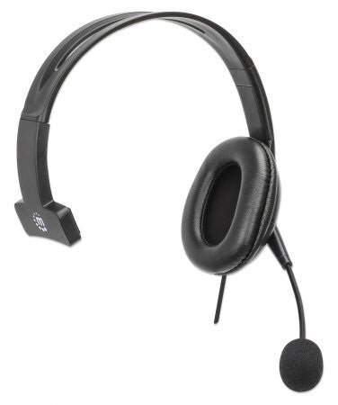 Manhattan Mono Over-Ear Headset (USB), Reversible Microphone Boom (padded), Retail Box Packaging, In-Line Volume/Mute Control, Padded Ear Cushion, USB-A for both sound and mic use, cable 2m, Three Year Warranty