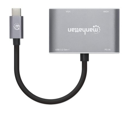 Manhattan USB-C Dock/Hub, Ports (x4): HDMI, USB-A, USB-C and VGA, With Power Delivery (87W) to USB-C Port (Note add USB-C wall charger and USB-C cable needed), All Ports can be used at the same time, Aluminium, Space Grey, Three Year Warranty, Retail Box