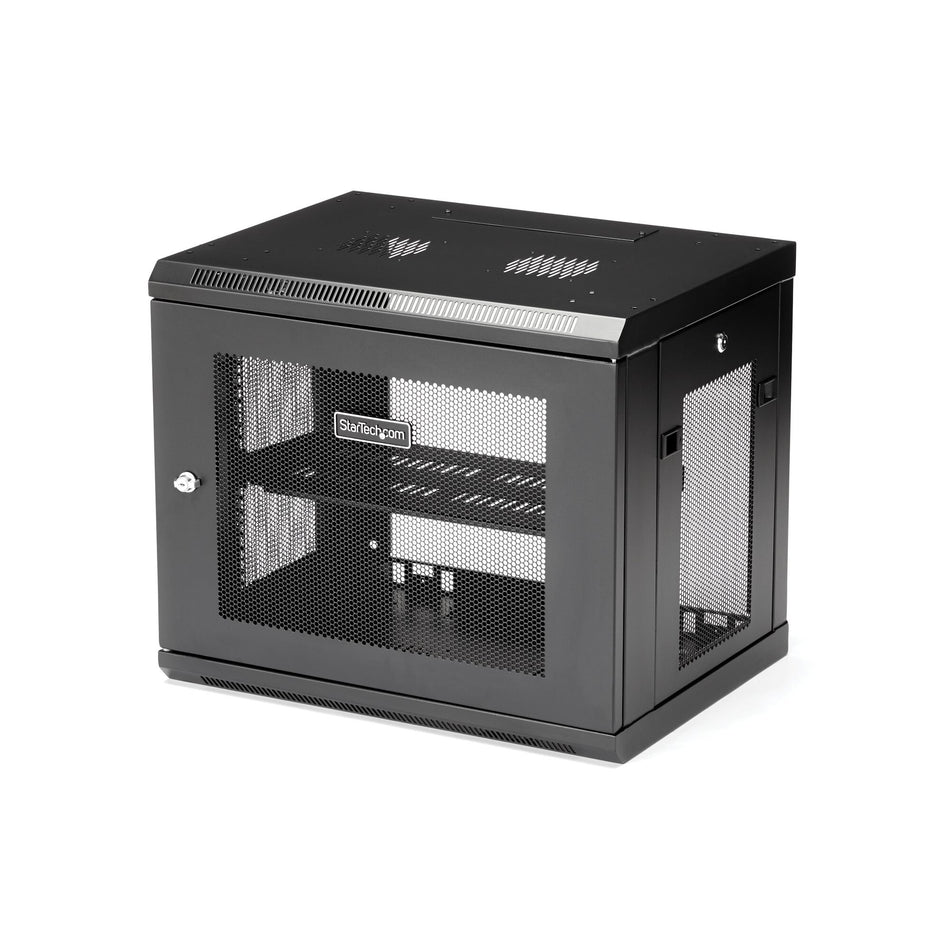 StarTech.com 2-Post 9U Wall Mount Network Cabinet with 1U Shelf, 19" Wall-Mounted Server Rack for Data / Networking / AV / Electronics / Computer Equipment, Small Vented Rack Enclosure