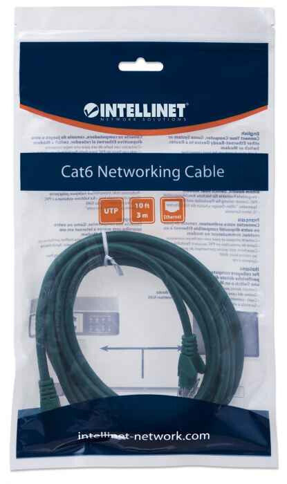 Intellinet Network Patch Cable, Cat6, 3m, Green, CCA, U/UTP, PVC, RJ45, Gold Plated Contacts, Snagless, Booted, Lifetime Warranty, Polybag