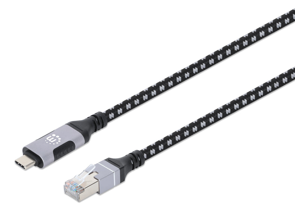 Manhattan USB-C to Gigabit (10/100/1000 Mbps) Network Ethernet RJ45 Cable, Length 2m, Multi-Gigabit Ethernet, Black/Silver, Three Year Warranty