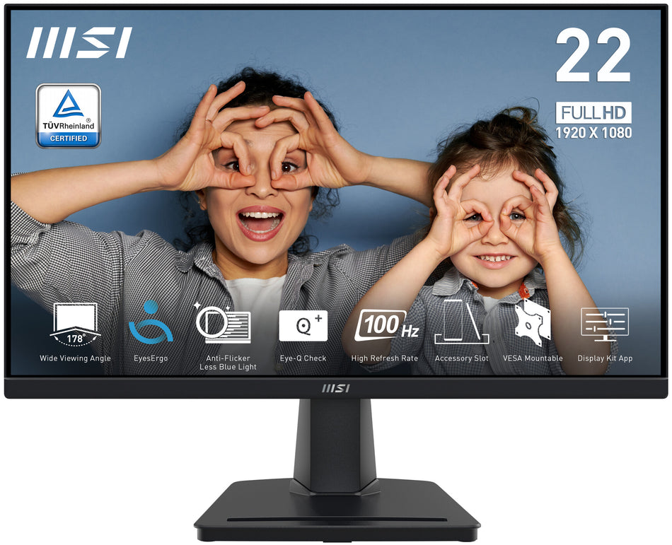 MSI Pro MP225V 21.45 Inch Monitor, FHD (1920 x 1080), 100Hz, VA, 1ms, 1x HDMI 1.4b, 1x D-Sub(VGA), Anti-Glare, Anti-Flicker, Less Blue light, TÜV Certified, VESA, Kensington, Black