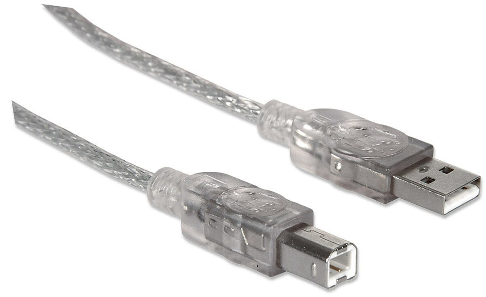 Manhattan USB-A to USB-B Cable, 3m, Male to Male, Translucent Silver, 480 Mbps (USB 2.0), Equivalent to USB2AA2M (except colour), Hi-Speed USB, Lifetime Warranty, Polybag