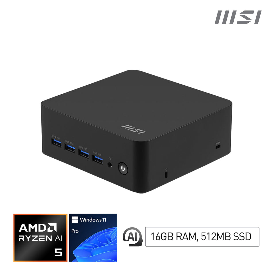 MSI Cubi Z AI 8M AMD Ryzen 5 8645HS Desktop PC, SFF, Mini Computer, HTPC, (16GB RAM, 512GB Storage, Windows 11 PRO), AMD Radeon Graphics/DDR5/Dual HDMI/Dual LAN/WiFi 6E/BT 5.3/VESA