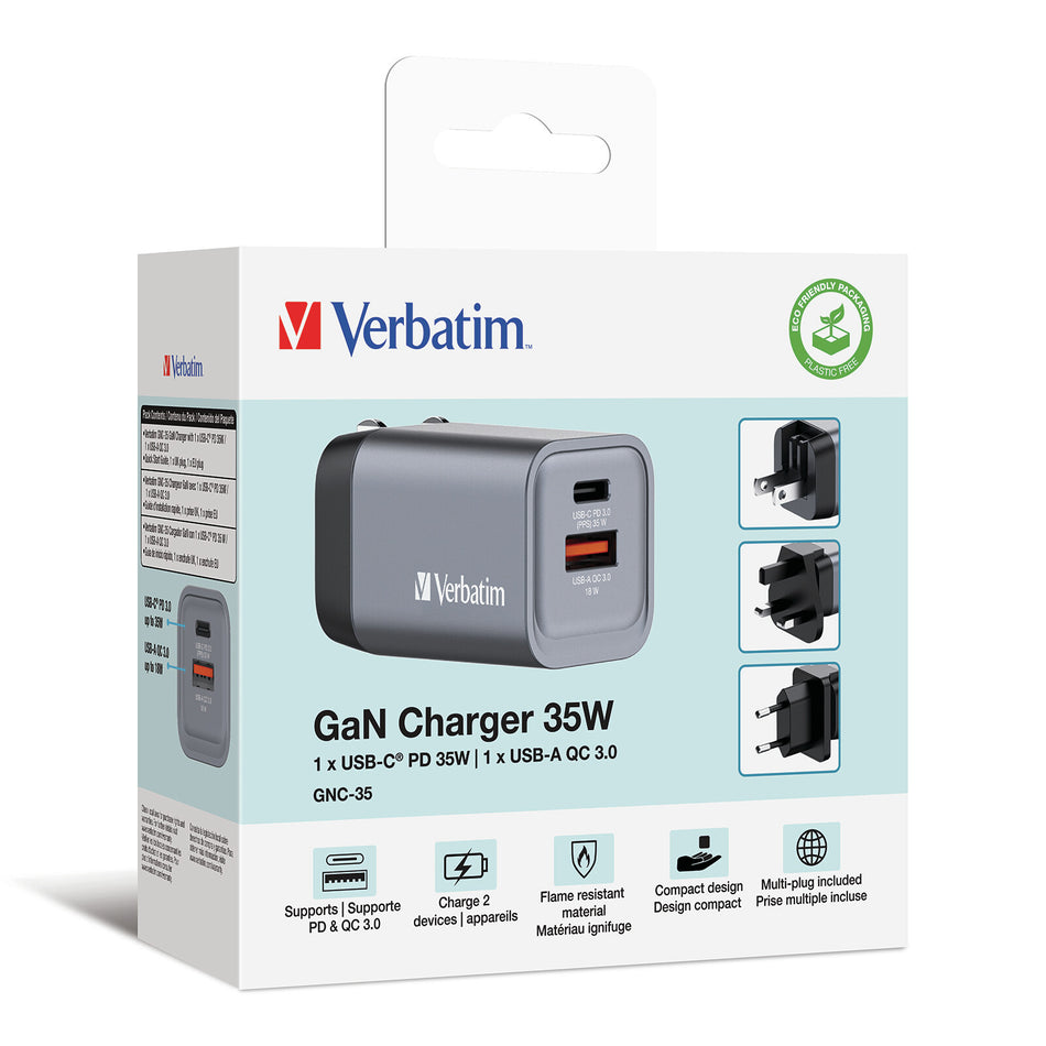 Verbatim GNC-35 GaN Charger 35W with 1 x USB-C PD 35W / 1 x USB-A QC 3.0 (EU/UK/US)