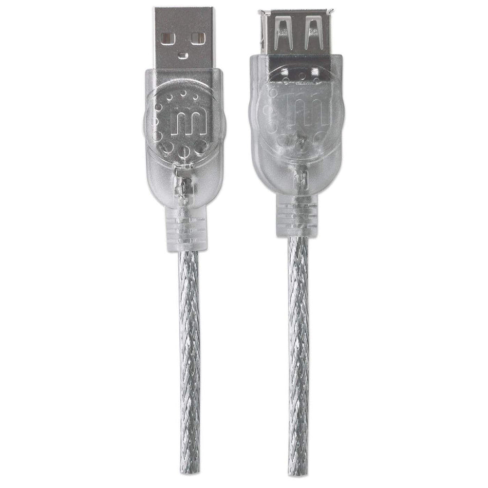 Manhattan USB-A to USB-A Extension Cable, 3m, Male to Female, Translucent Silver, 480 Mbps (USB 2.0), Hi-Speed USB, Equivalent to USBEXTAA10BK (except colour), Lifetime Warranty, Polybag